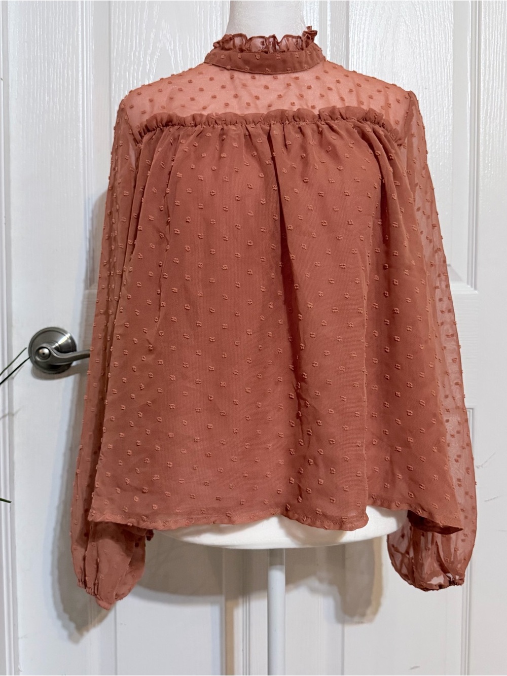 Altar'd State Rust Swiss Dot Ruffled Neck Blouse